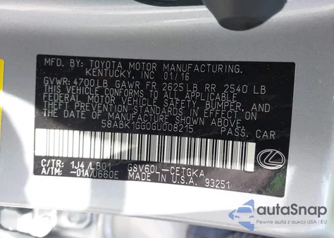 2016 Lexus Es 350 from USA, damaged, VIN 58ABK1GG0GU008215